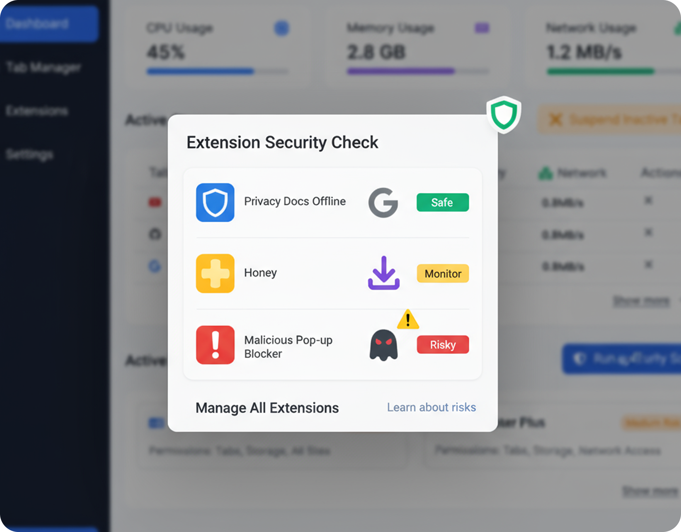 Extension Risk Analysis interface