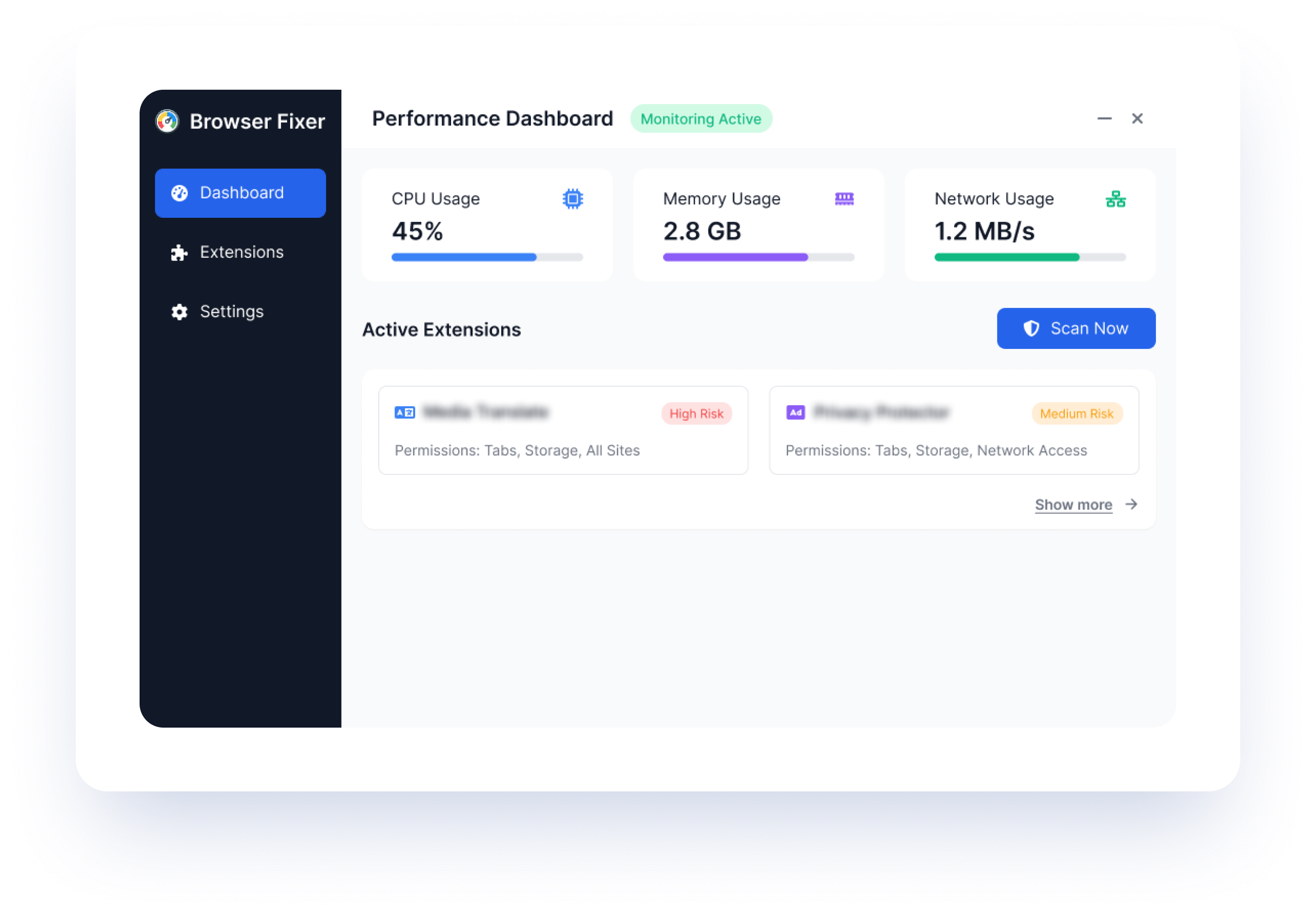 Browser Fixer dashboard showing performance metrics and Chrome browser optimization
